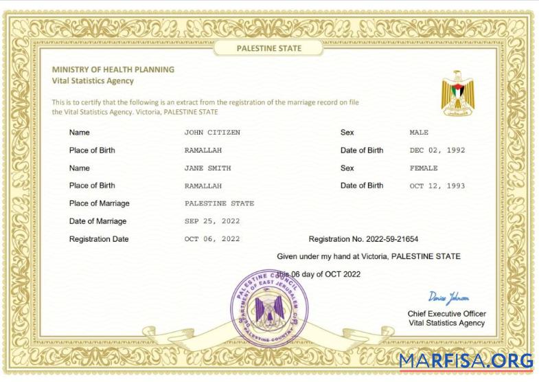 Realistic Palestine State marriage certificate template